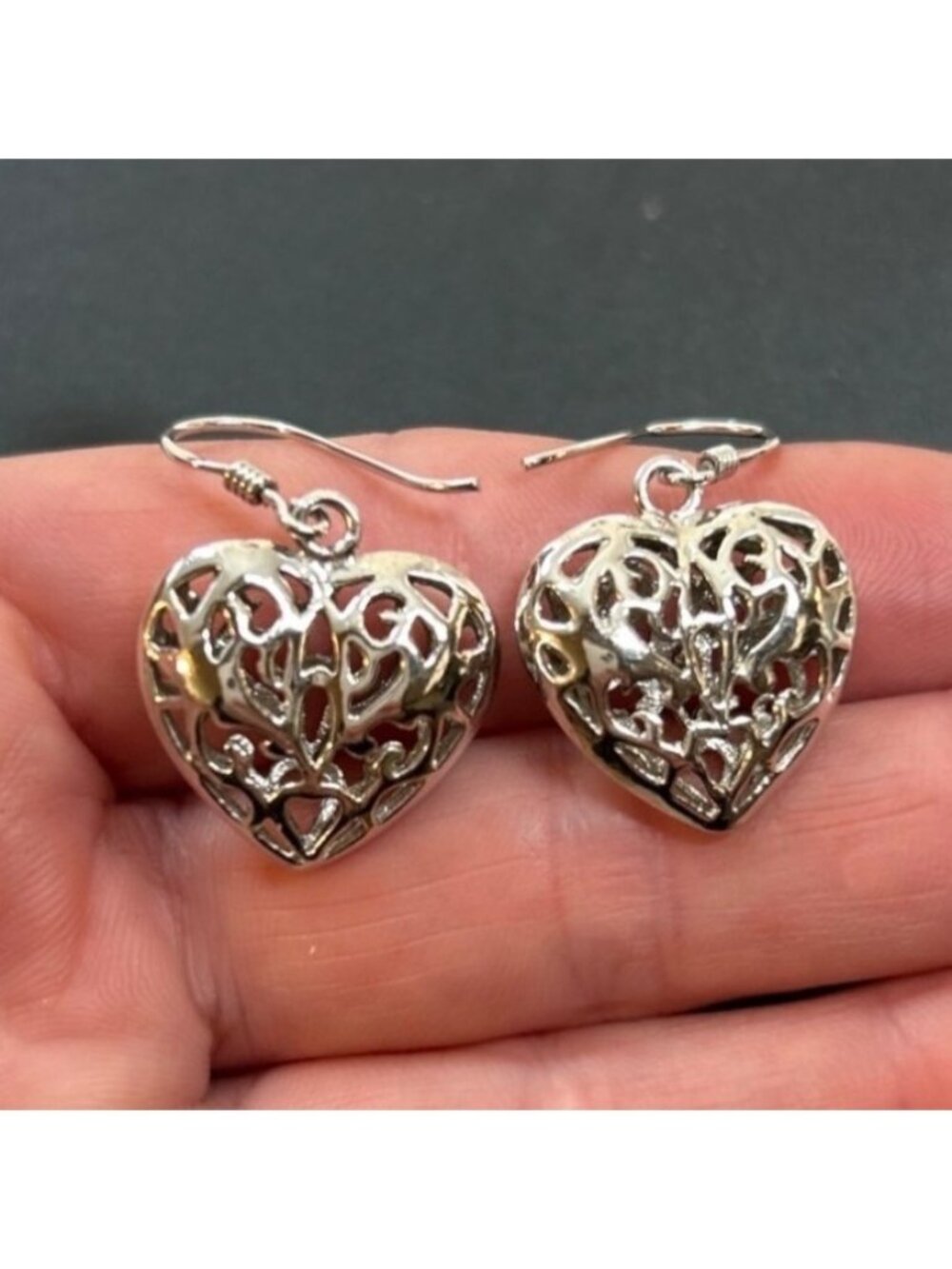 Puffed Heart Sterling Silver 925 Dangle Earrings Pierced Scroll Design .75" Long